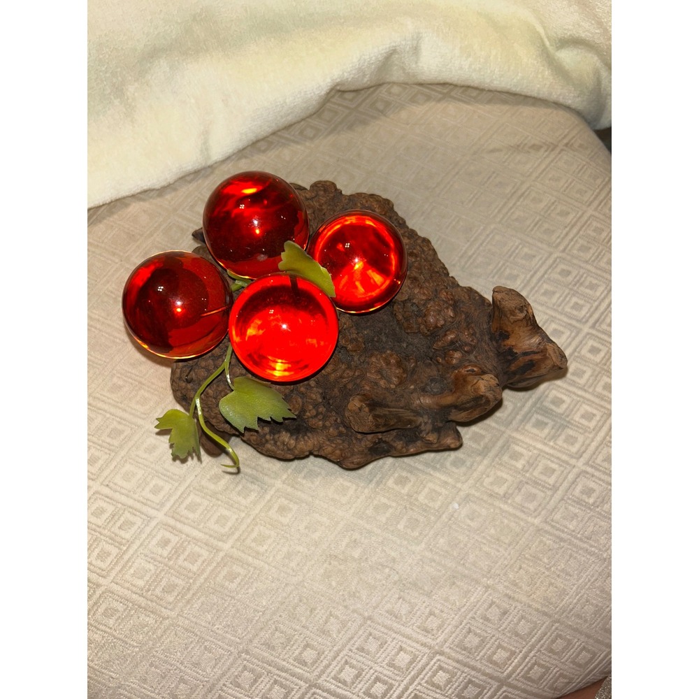 Vintage Orange Lucite Grapes on Burl Wood MCM Retro Acrylic Fruit Decor - Picture 2 of 7
